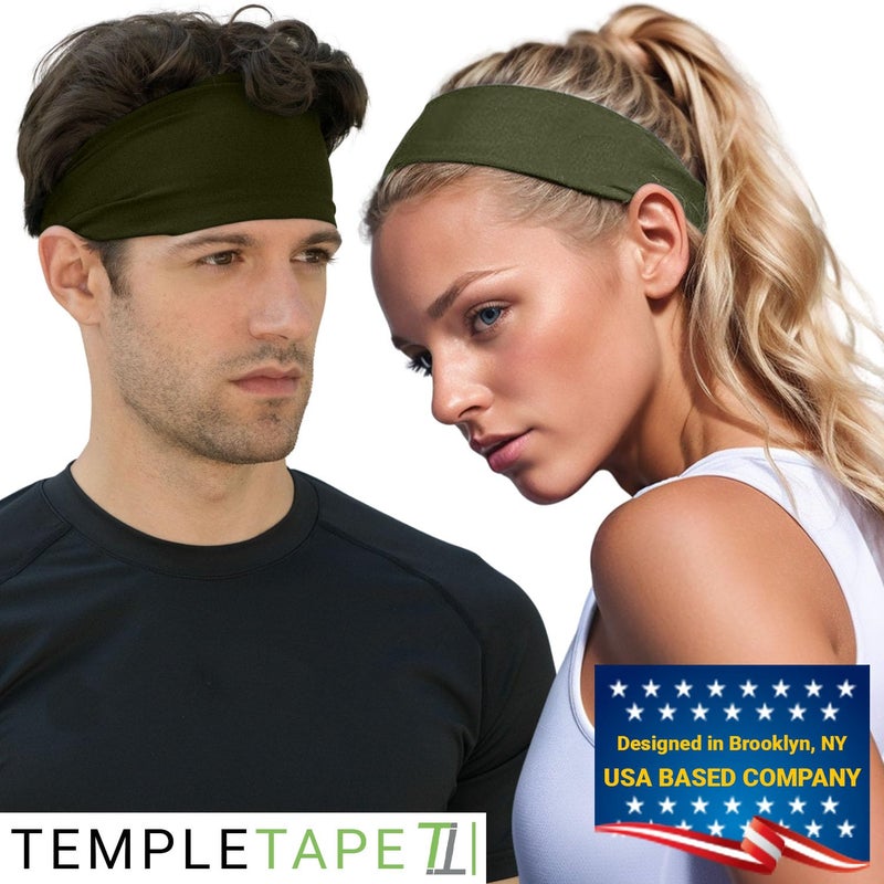 Temple Tape شريط رأس تمبل تيب للتمارين الرياضية للنساء والرجال - أشرطة عرق للرجال - أشرطة رأس رياضية لامتصاص الرطوبة للنساء، الجري، ركوب الدراجات، اليوغا، كرة القدم - أخضر عسكري - Image 3